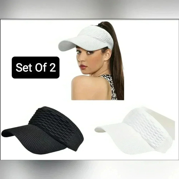 Sun Visor Knit Sporty Resort Beach Travel Soft Stretch Set Of 2 Black White NWT - Picture 1 of 3